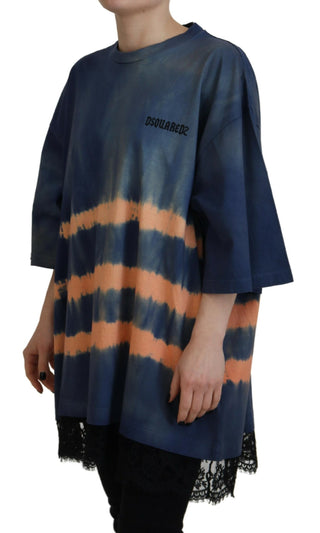 Blaues Baumwoll-Batik-T-Shirt mit kurzen Ärmeln und Spitze