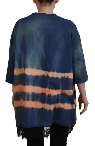 Blaues Baumwoll-Batik-T-Shirt mit kurzen Ärmeln und Spitze