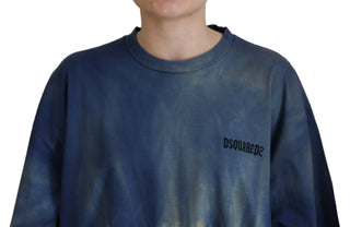 Blaues Baumwoll-Batik-T-Shirt mit kurzen Ärmeln und Spitze