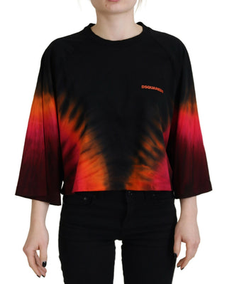 Schwarzes, lässiges Crew-Neck-Oberteil aus Baumwolle mit Batikmuster