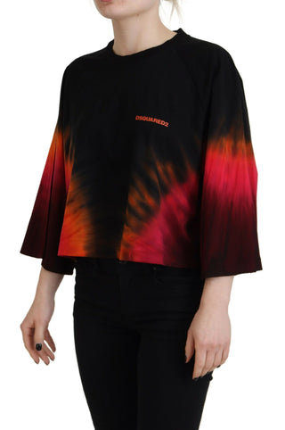 Schwarzes, lässiges Crew-Neck-Oberteil aus Baumwolle mit Batikmuster
