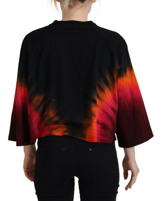 Schwarzes, lässiges Crew-Neck-Oberteil aus Baumwolle mit Batikmuster