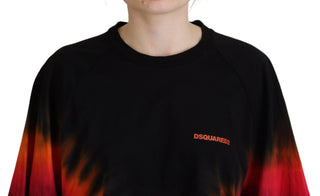 Schwarzes, lässiges Crew-Neck-Oberteil aus Baumwolle mit Batikmuster