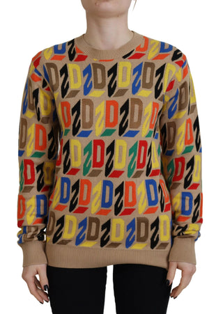 Brauner langärmeliger bedruckter Pullover mit Rundhalsausschnitt aus Baumwolle