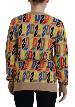 Brauner langärmeliger bedruckter Pullover mit Rundhalsausschnitt aus Baumwolle