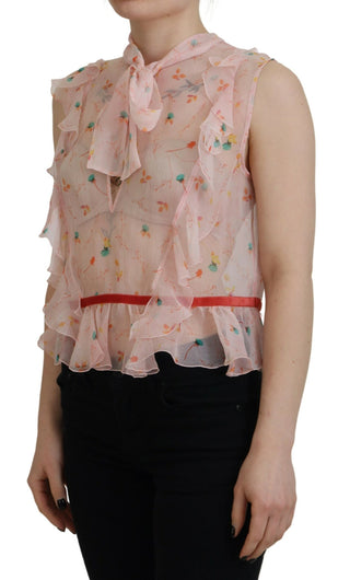 Pinkes Seidentop mit Blumenmuster, ärmellos, mit Ascot-Kragen