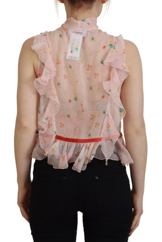 Pinkes Seidentop mit Blumenmuster, ärmellos, mit Ascot-Kragen