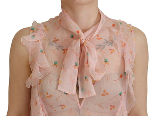 Pinkes Seidentop mit Blumenmuster, ärmellos, mit Ascot-Kragen