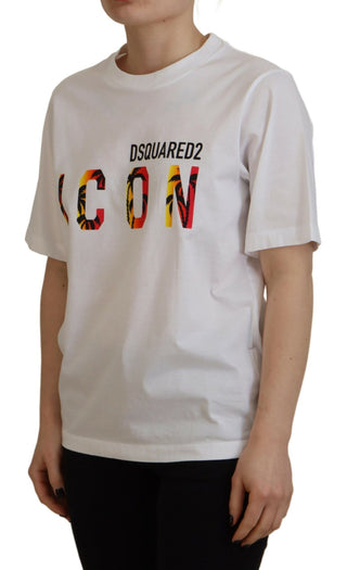 Weißes Baumwoll-T-Shirt mit glänzendem Icon und Rundhalsausschnitt