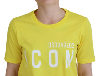 Gelbes Baumwoll-T-Shirt Renny mit glänzendem Icon und Rundhalsausschnitt