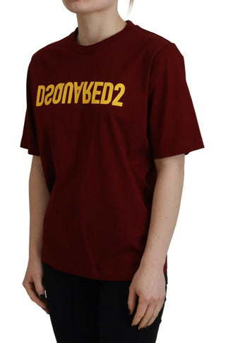 Bordeauxfarbenes Logo Baumwoll-Rundhals-Kurzarm-T-Shirt