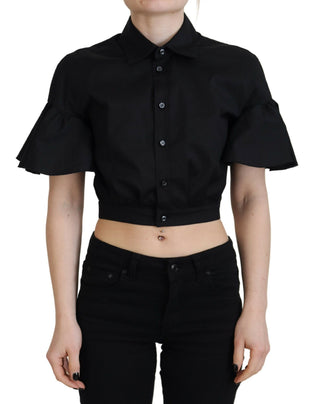 Schwarzes kurzärmeliges Cropped Top mit Kragen und Knöpfen