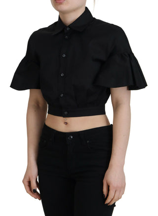 Schwarzes kurzärmeliges Cropped Top mit Kragen und Knöpfen