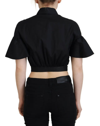 Schwarzes kurzärmeliges Cropped Top mit Kragen und Knöpfen