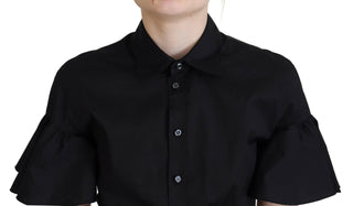 Schwarzes kurzärmeliges Cropped Top mit Kragen und Knöpfen