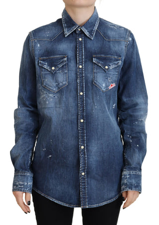 Camisa vaquera azul lavado de algodón con cuello y botones