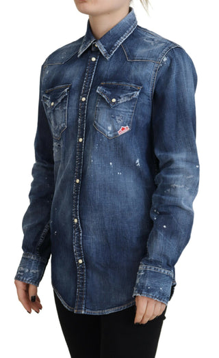 Camisa vaquera azul lavado de algodón con cuello y botones