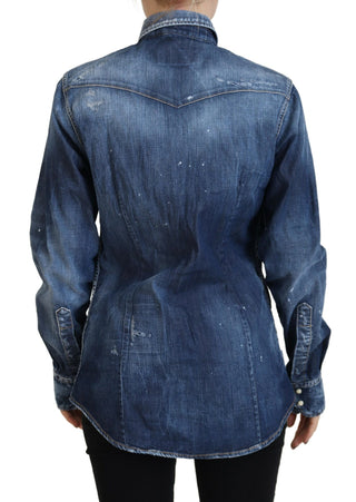 Camisa vaquera azul lavado de algodón con cuello y botones