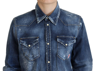 Camisa vaquera azul lavado de algodón con cuello y botones