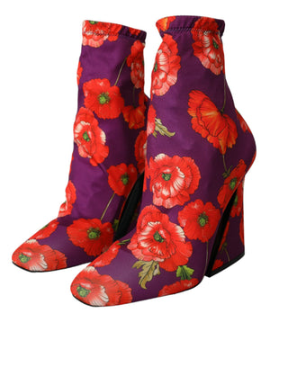 Lila geblümte Stretch-Stiefel aus Jersey