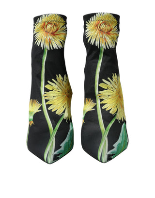 Schwarze Ankle Boots aus Stretch-Jersey mit Blumenmuster