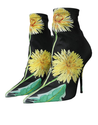 Schwarze Ankle Boots aus Stretch-Jersey mit Blumenmuster