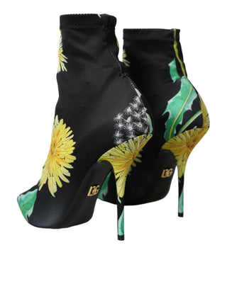 Schwarze Ankle Boots aus Stretch-Jersey mit Blumenmuster