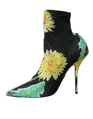 Schwarze Ankle Boots aus Stretch-Jersey mit Blumenmuster