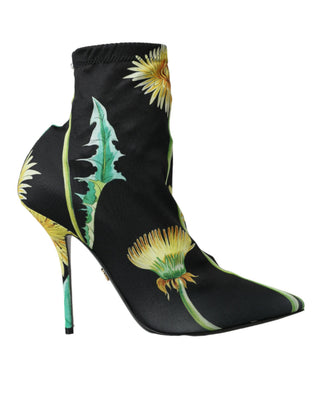 Schwarze Ankle Boots aus Stretch-Jersey mit Blumenmuster