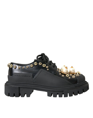 Schwarze Derby-Trekking-Schuhe aus Leder mit Zierelementen