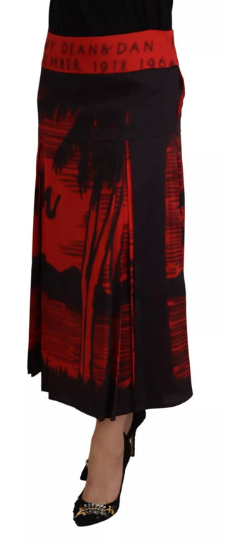 Roter, bedruckter High-Waist A-Linien Plisseerock in Midi-Länge