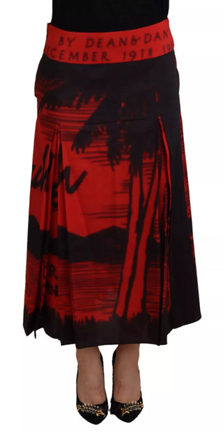 Roter, bedruckter High-Waist A-Linien Plisseerock in Midi-Länge