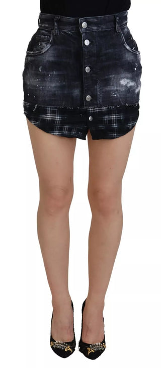 Schwarzer karierter High-Waist A-Linien Jeans-Minirock