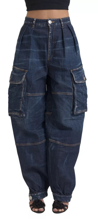 Blaue High Waist Baumwoll Cargo Baggy Jeans