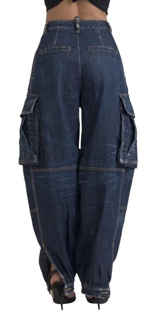 Blaue High Waist Baumwoll Cargo Baggy Jeans