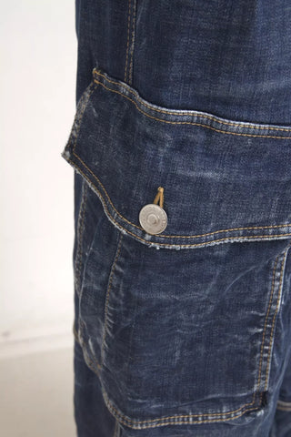 Blaue High Waist Baumwoll Cargo Baggy Jeans