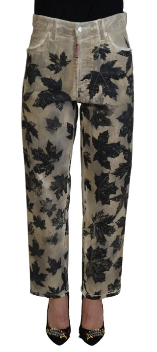 Beige Blätter Baumwoll-High-Waist-Jeans Boston