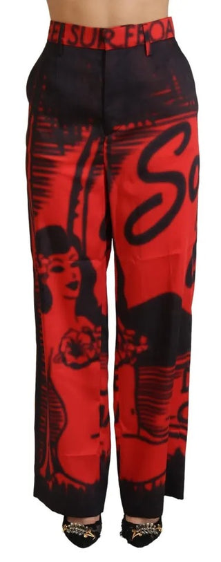 Rote bedruckte High-Waist-Hose mit geradem Bein