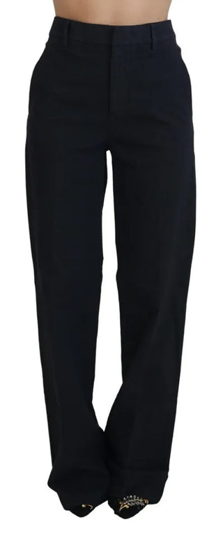 Schwarze karierte High-Waist-Hose mit geradem Bein