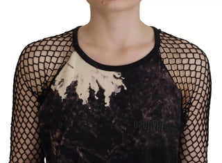 Schwarzes Batik-Mesh-Langarm-Kleid aus Baumwolle