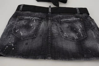Schwarzer Distressed A-Linien-Minirock aus Denim mit mittlerer Bundhöhe