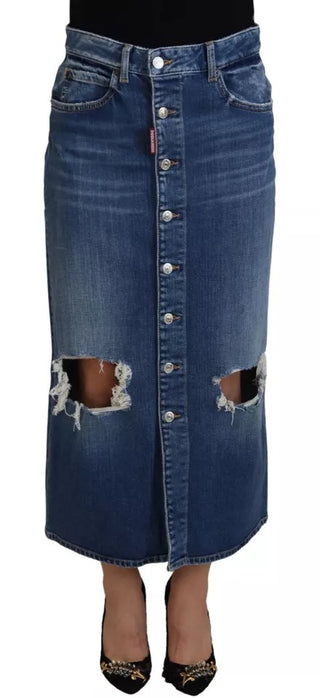 Blauer Bleistiftrock aus Used-Denim mit hoher Taille