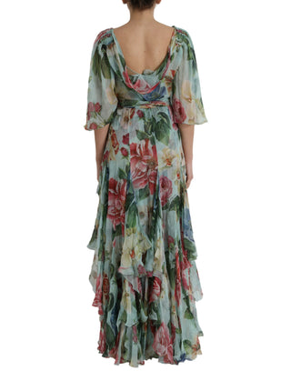 Blaues Maxikleid mit Blumenmuster und Stufenrock