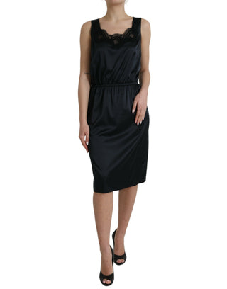 Schwarzes Polyester-Etui-Midikleid mit Spitzenbesatz