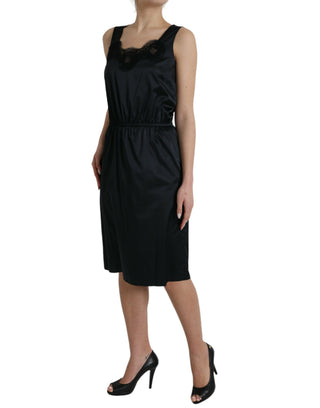 Schwarzes Polyester-Etui-Midikleid mit Spitzenbesatz
