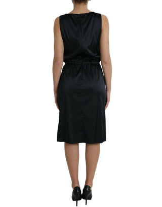 Schwarzes Polyester-Etui-Midikleid mit Spitzenbesatz