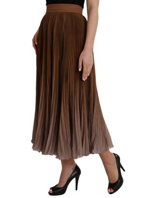 Brauner Falten-Midi-Rock mit hoher Taille aus Polyester
