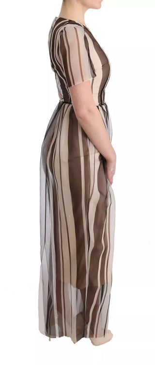 Beige-braunes gestreiftes Seiden-Etuikleid