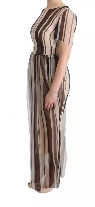 Beige-braunes gestreiftes Seiden-Etuikleid