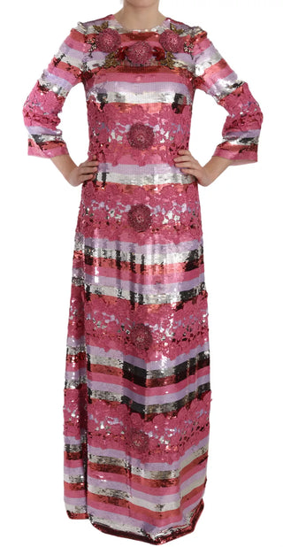 Vestido de gala rosa con flores y lentejuelas de cristal